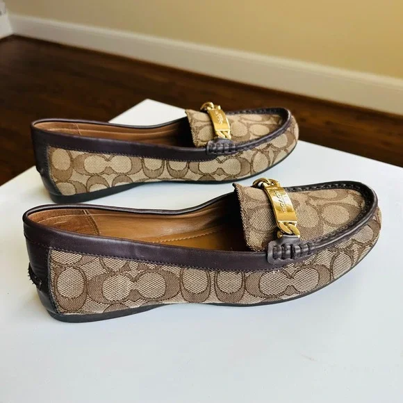 COACH Signature Jacquard Driving Loafers Brown Monogram Gold Hardware Size 8 - Picture 8 of 9